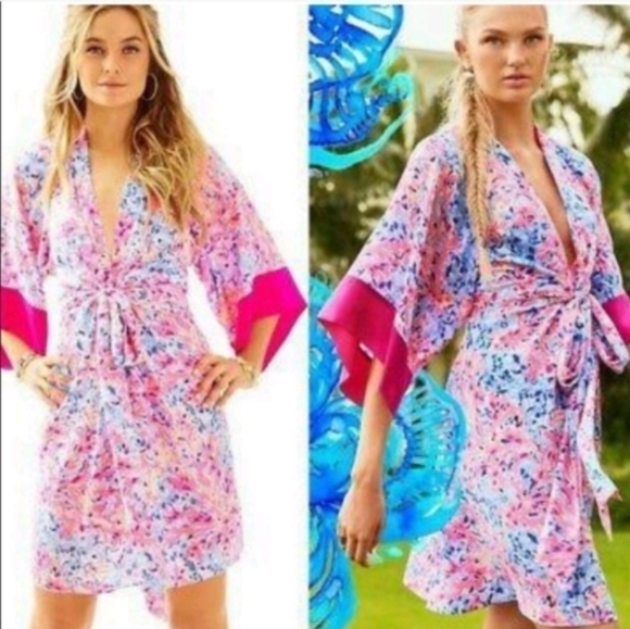 LILLY PULITZER  SILK WRAP KIMORA Coco Coral Crab Kimono dress sz XXS - Picture 1 of 8